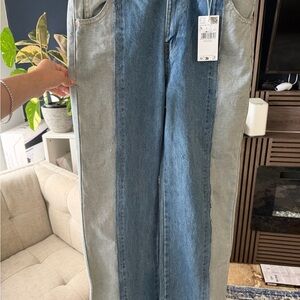 Mango - Two-Tone Panel Straight Leg Jeans - Light & Medium Blue